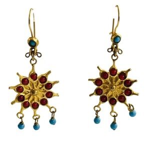BOHO Coral Turquoise Cab Star burst Earrings Western VTG Pierced Dangle Brass